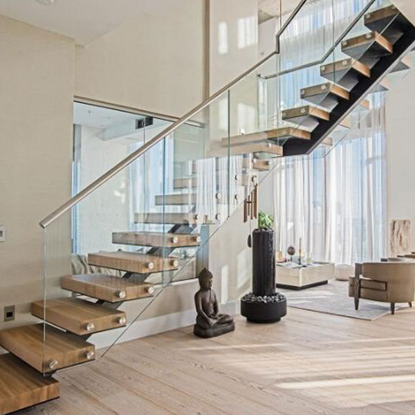 Prefabricated steel wood residential steel stairs L shaped staircase design indoor PR-T01