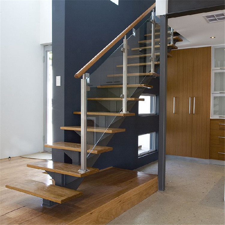 U-shaped glass wood stairs design indoor mono stringer staircase PR-T13 