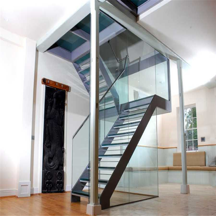 Custom indoor glass staircase modern style u-shaped laminated glass straight stairs PR-T113