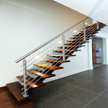 Modern style indoor straight staircase design / stainless steel rod railing wood stair price  PR-L08