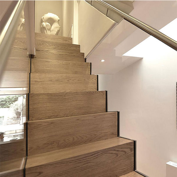 Customized wood tread staircase with zig zag beam glass railing straight staircase PR-L17