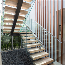 U Shape Stairs with Side Steel Stringer Wood Step and Glass Railing