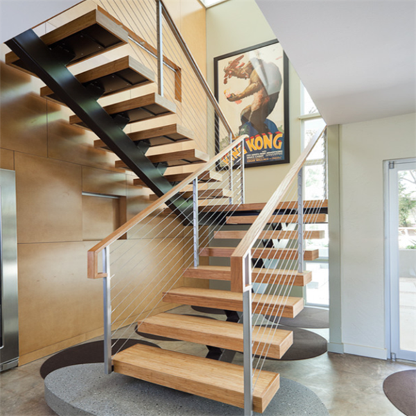 U shape double stringers staircase with wood handrail