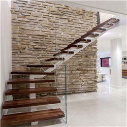 Modern indoor glass railing handrail and wood step straight staircase PR-T18