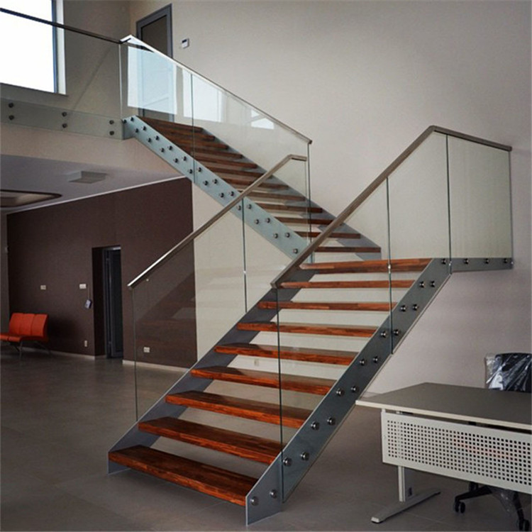 Custom u shape staircases handrails design double stringer solid wood staircase PR-T008
