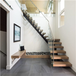 Prefabricated apartment building wood stairs design indoor wood tread straight stairs PR-T142