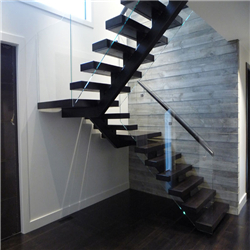 Prefabricated metal indoor solid wood step straight staircase with glass railing PR-T123
