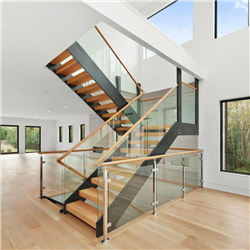 Modern straight staircase design with solid wooden tread glass railing indoor outdoor staircase PR-T136