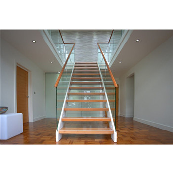 White Color Double Stringer Stairs Teak Steps Straight Staircase Frameless Glass Railing Stair