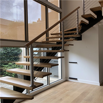 Stairs Ideas Black L Shaped Staircase With Cable Railing Wood Treads