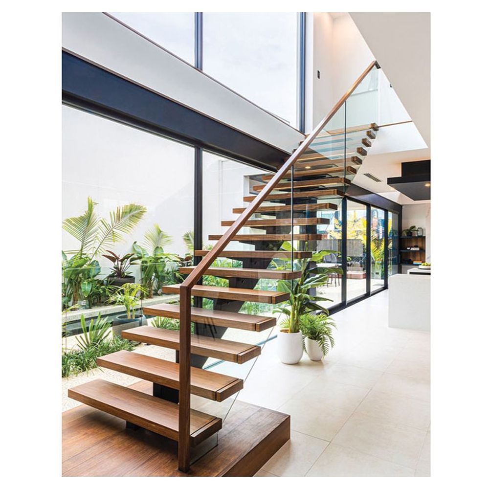 .Straight Metal Stairs Black Metal Steel Staircase Wooden Treads for Home